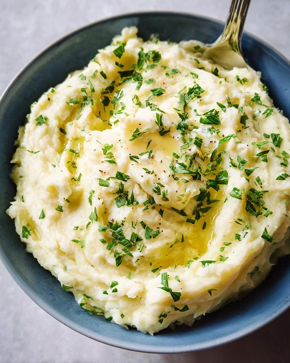 Creamy herb and garlic mashed potatoes served in a bowl