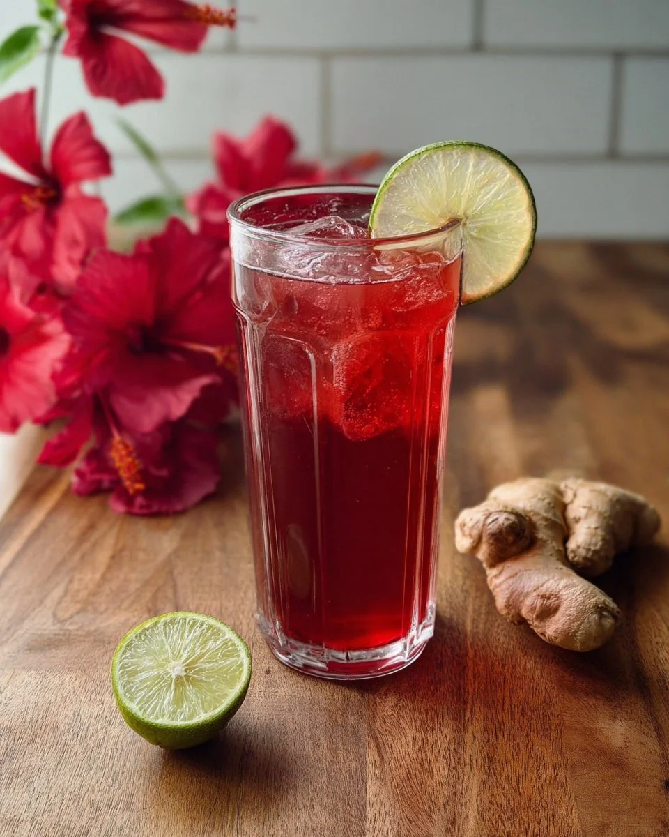 Hibiscus Ginger Refresher with vibrant colors and fresh ingredients