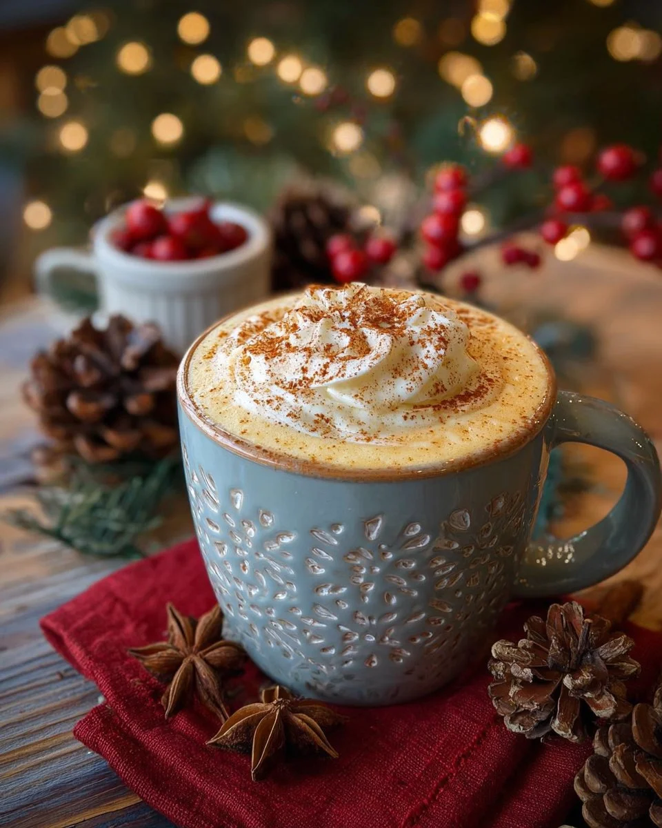 Delicious Holiday Eggnog Latte topped with whipped cream and cinnamon.