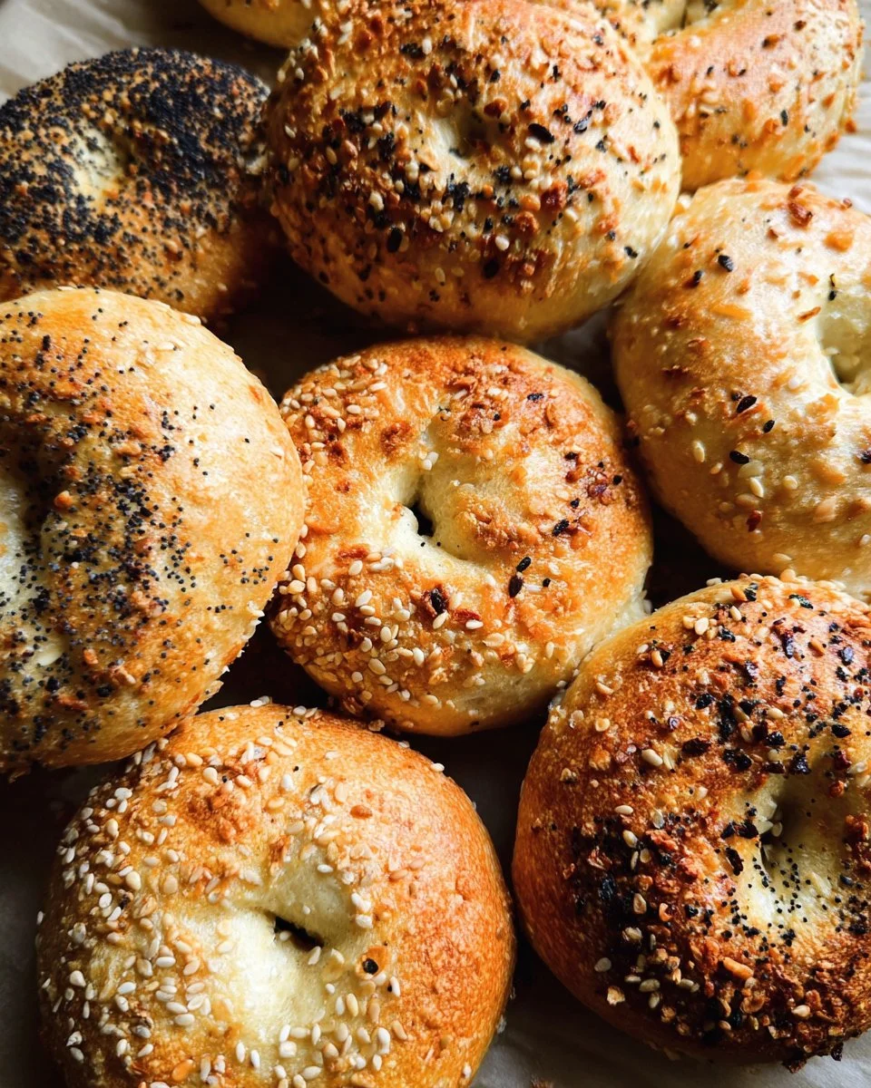 Freshly baked homemade bagels with various toppings on a wooden board.