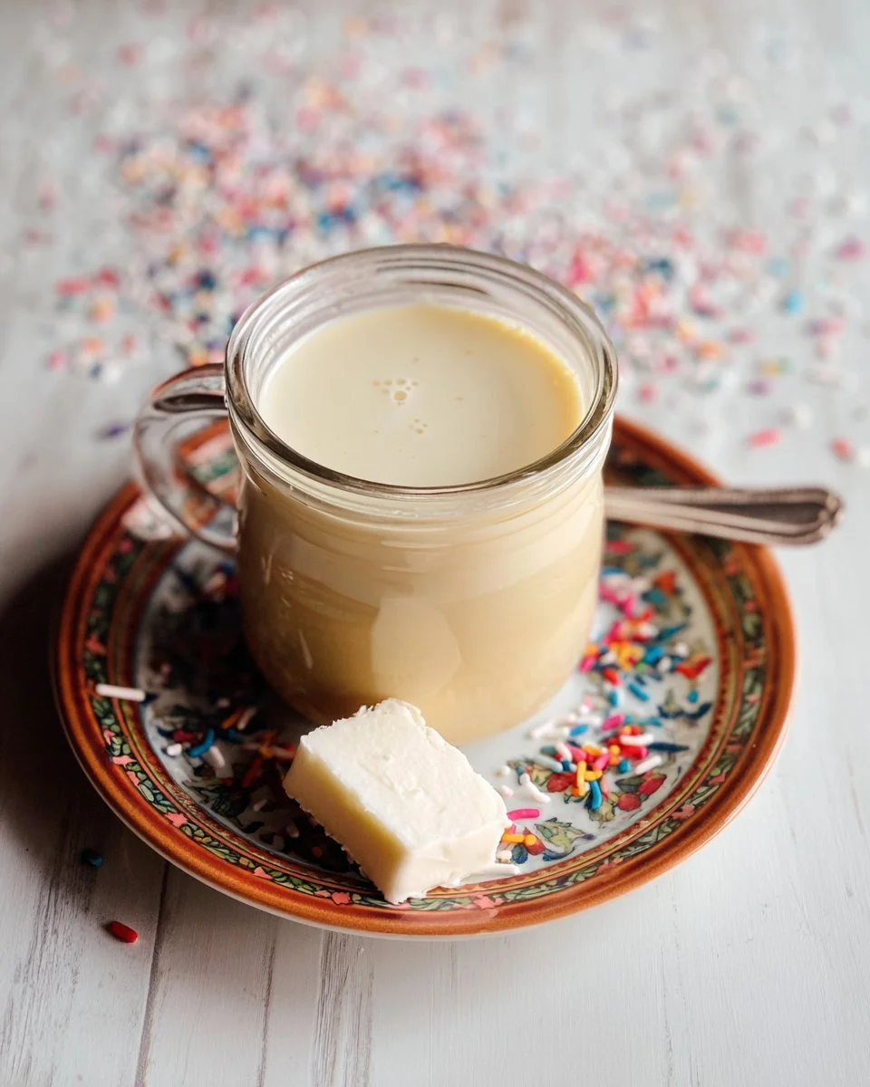 Homemade birthday cake creamer with vibrant colors and festive decorations