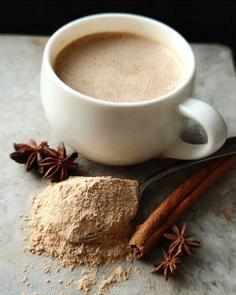 Homemade chai tea latte mix in a jar with spices and tea leaves