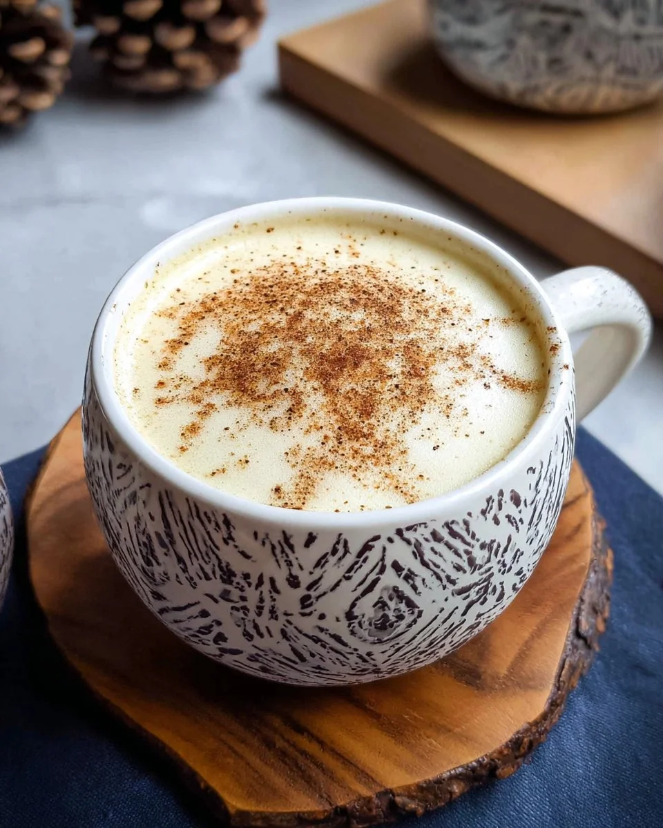 Delicious homemade eggnog latte in a festive mug with cinnamon sprinkles.