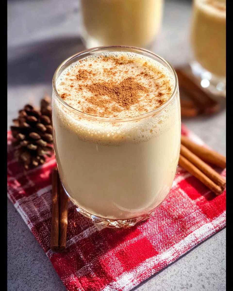Creamy homemade eggnog recipe with spices and festive decorations