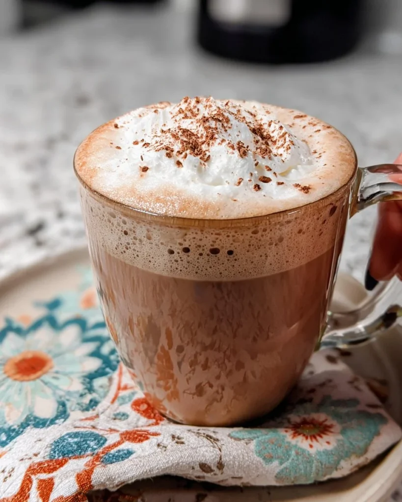 Homemade mocha latte resembling Starbucks recipe with whipped cream and cocoa