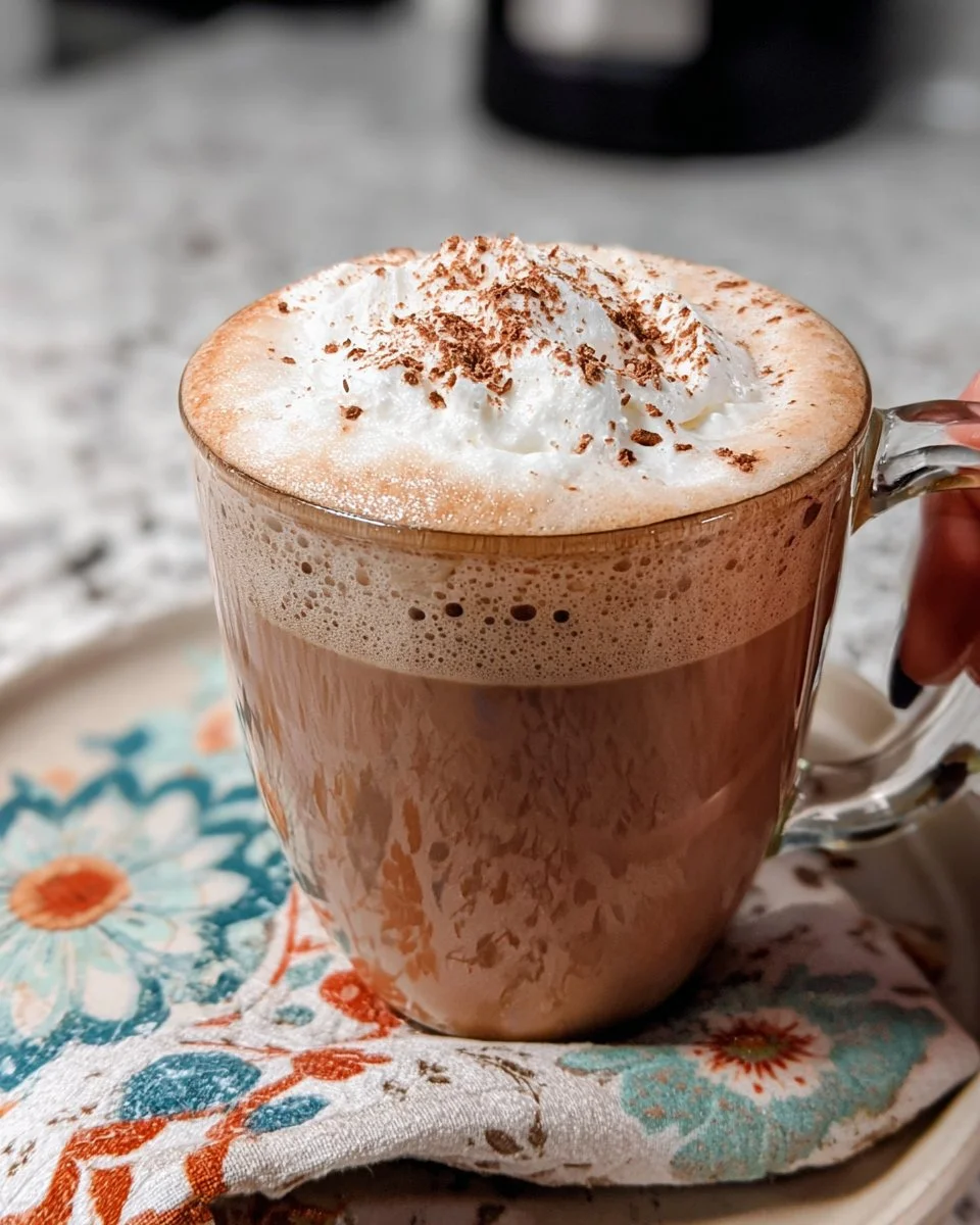 Homemade mocha latte resembling Starbucks recipe with whipped cream and cocoa