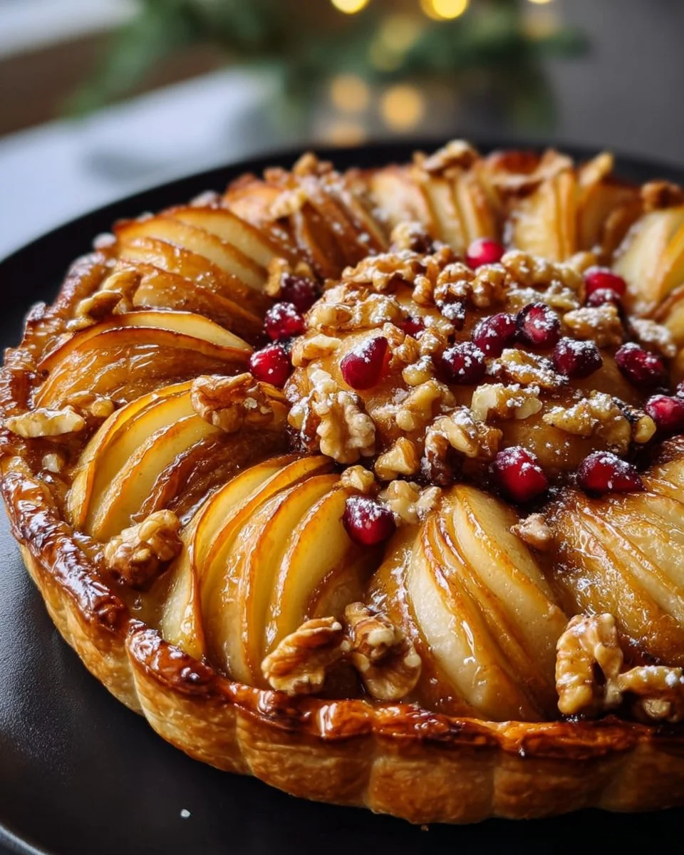Honey-Pear & Walnut Wreath Tart beautifully arranged on a wooden table.