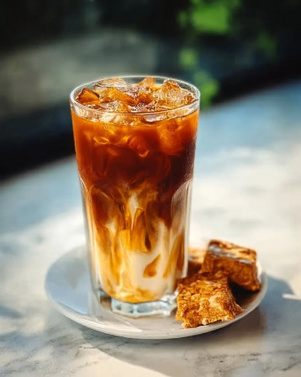 A delicious glass of honeycomb iced coffee topped with whipped cream and a honeycomb piece