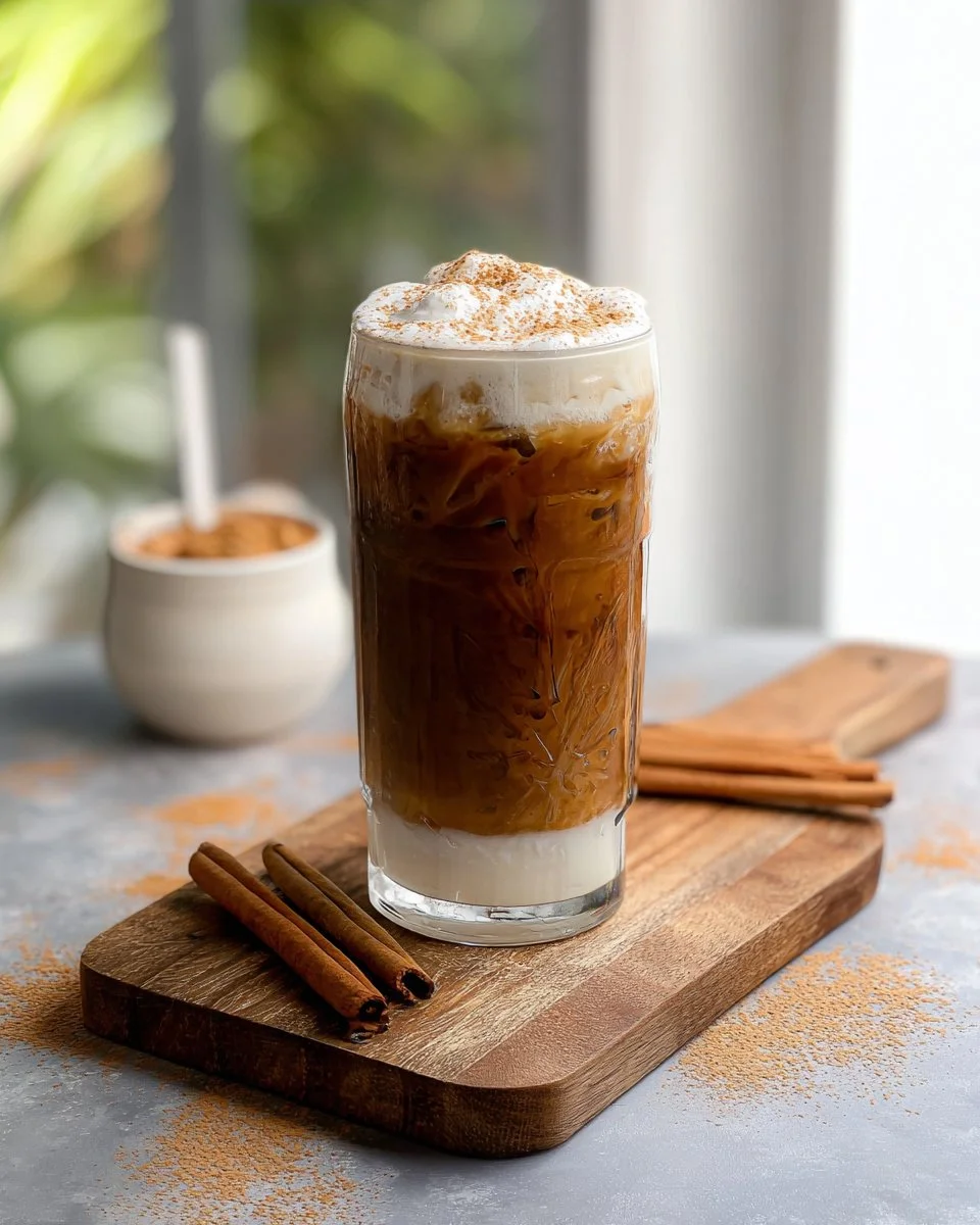 A glass of Horchata Cold Brew topped with cinnamon and ice, showcasing its creamy texture.