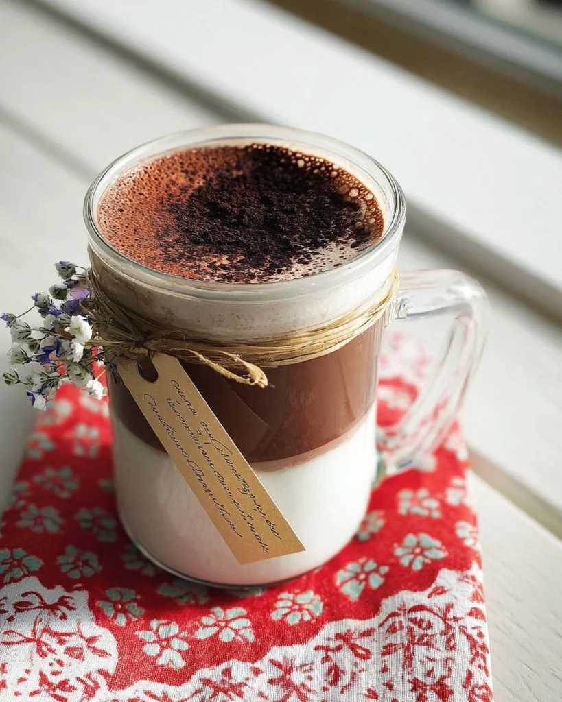 A warm cup of rich hot chocolate topped with whipped cream and chocolate shavings.