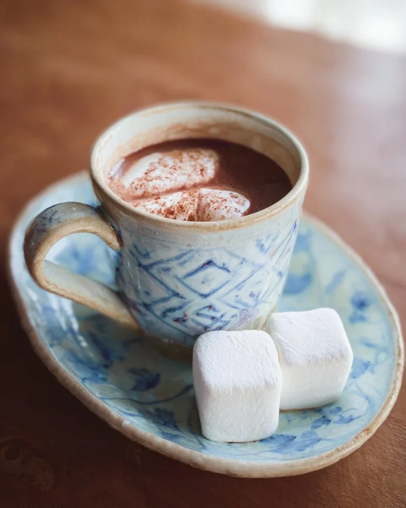 Delicious hot chocolate topped with fluffy homemade marshmallows in a cozy setting