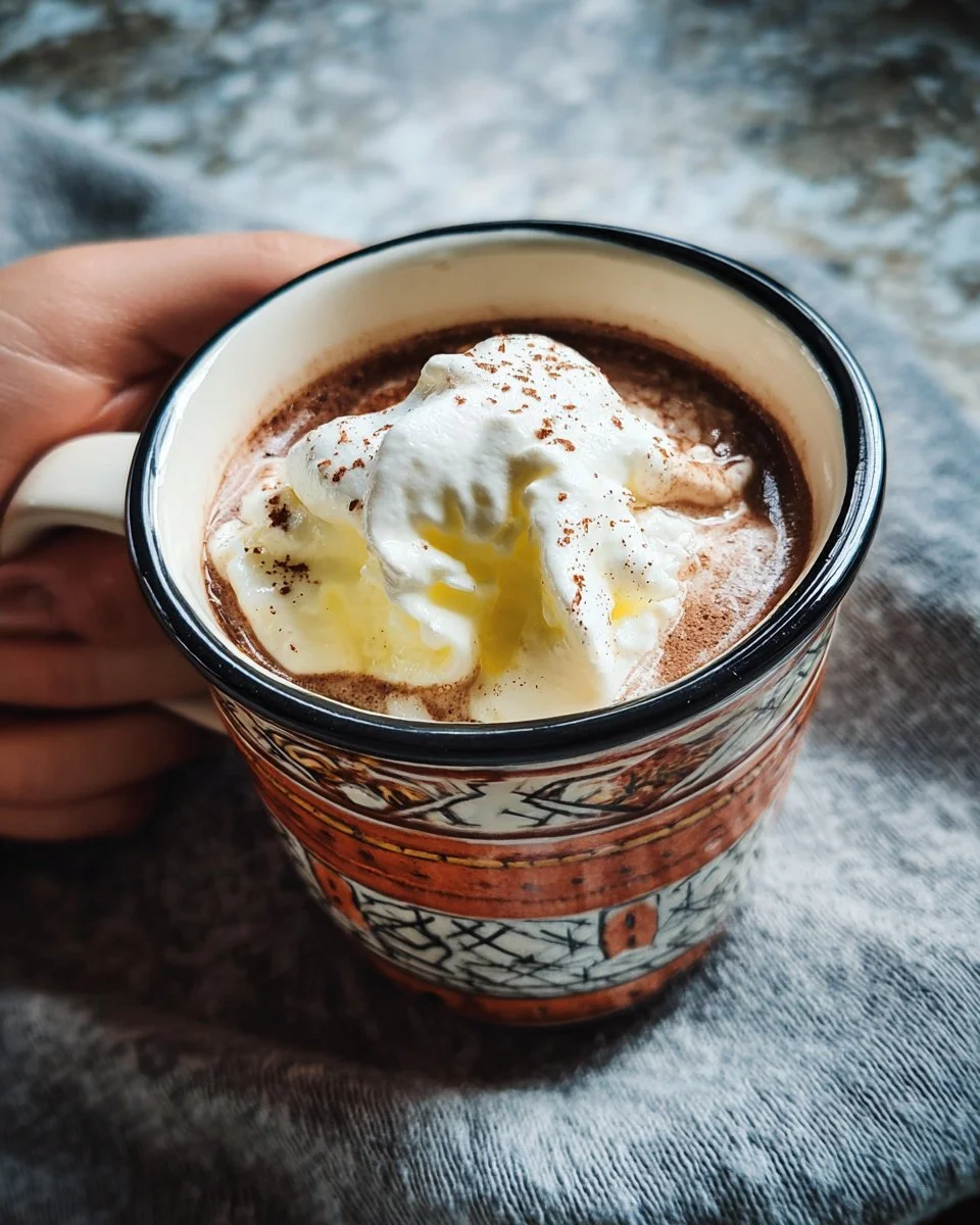 Delicious hot chocolate with apricot whipped cream served in a mug