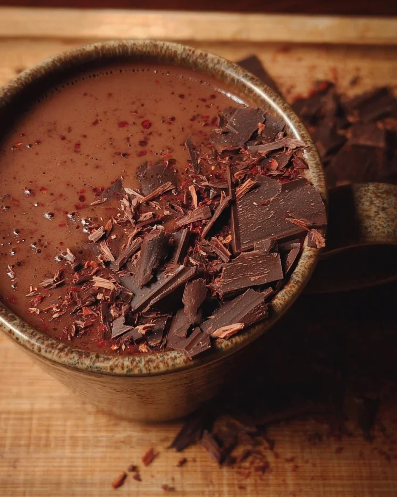 Delicious hot chocolate with chili served in a cozy mug