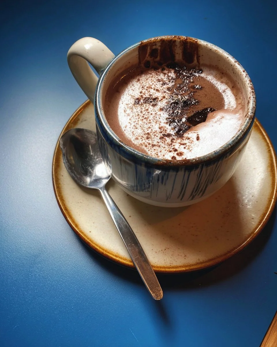 Delicious hot chocolate with coffee served in a rustic mug