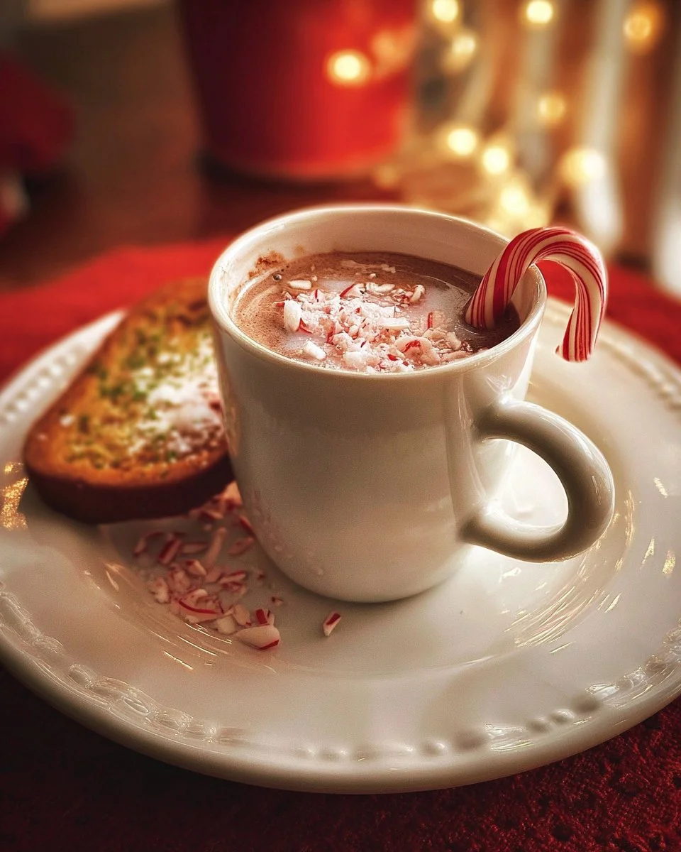 Festive hot chocolate with Christmas candy cane aroma in a cozy mug