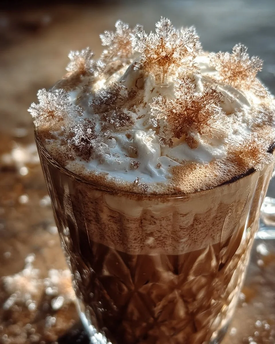 A steaming cup of Ice Crystal Christmas Cocoa topped with whipped cream and festive sprinkles