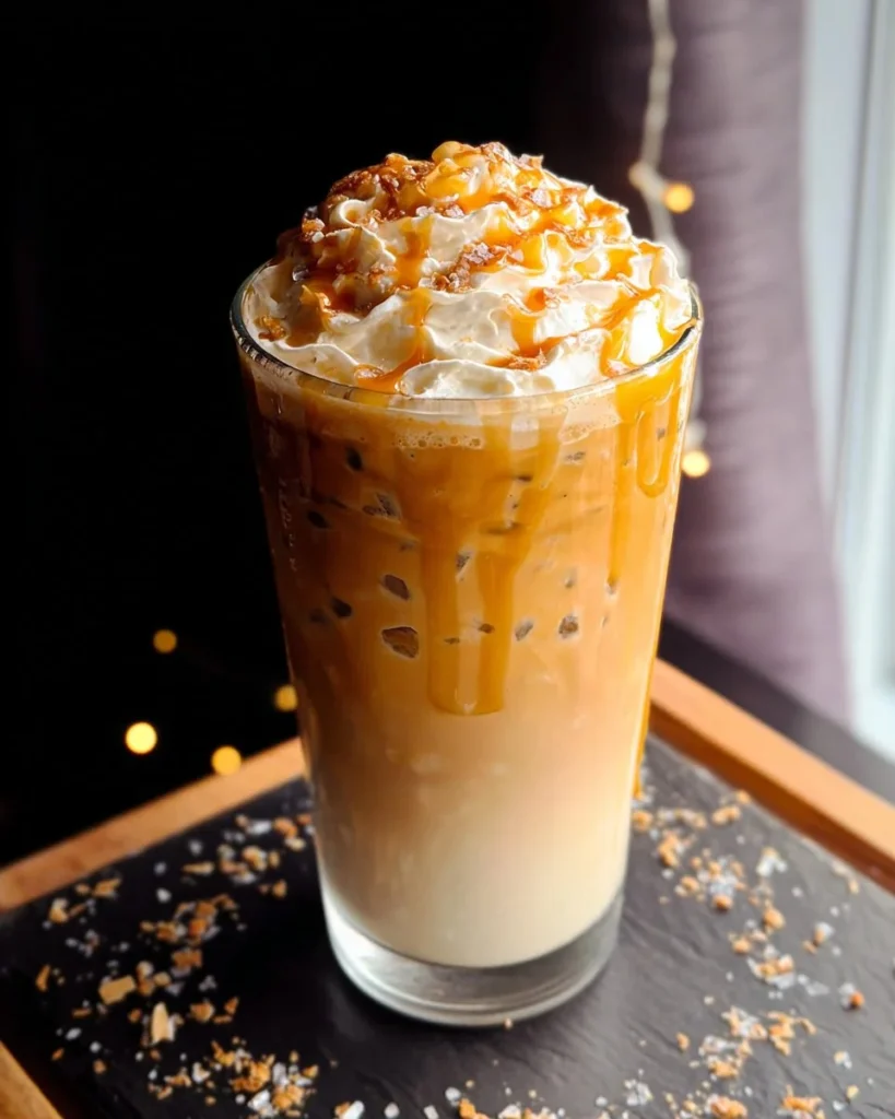 Iced butterbeer latte with cream and caramel drizzle
