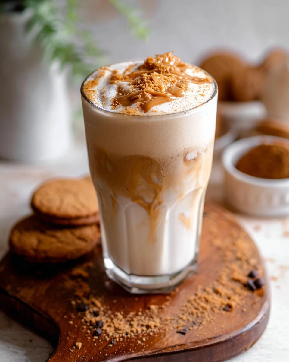 Iced Cookie Butter Latte with cookie butter cold foam in a glass