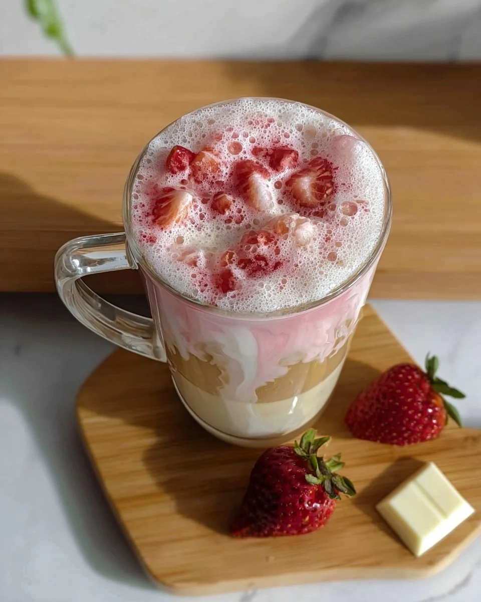 Iced Flat White with Strawberry Milk topped with frothy cream