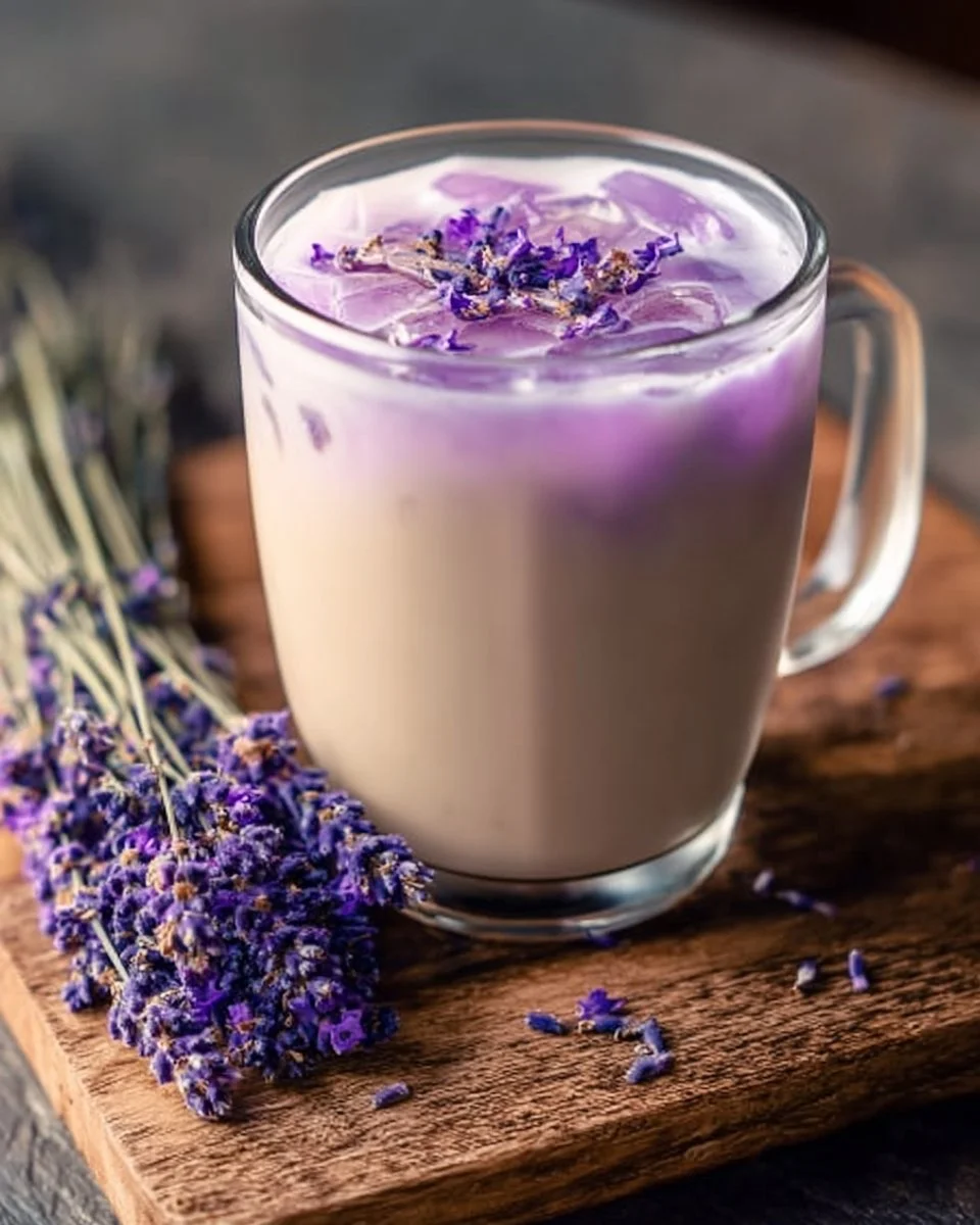A refreshing glass of iced lavender milk tea with vibrant purple color and mint garnish.