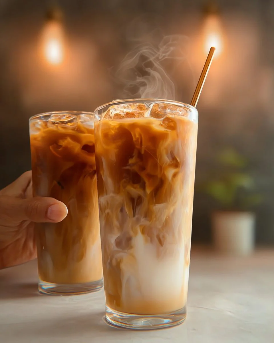 Iced London Fog Tea Latte in a glass with a slice of lemon and tea leaves