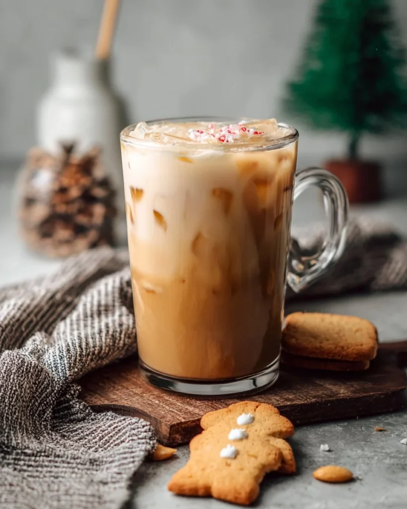 Iced Sugar Cookie Latte with almond milk topped with whipped cream