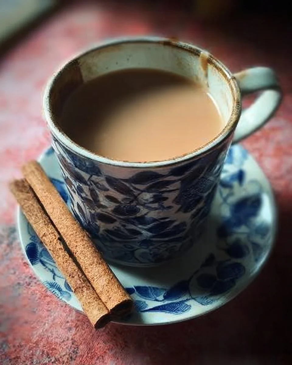 A steaming cup of Indian cinnamon tea with cinnamon sticks and spices