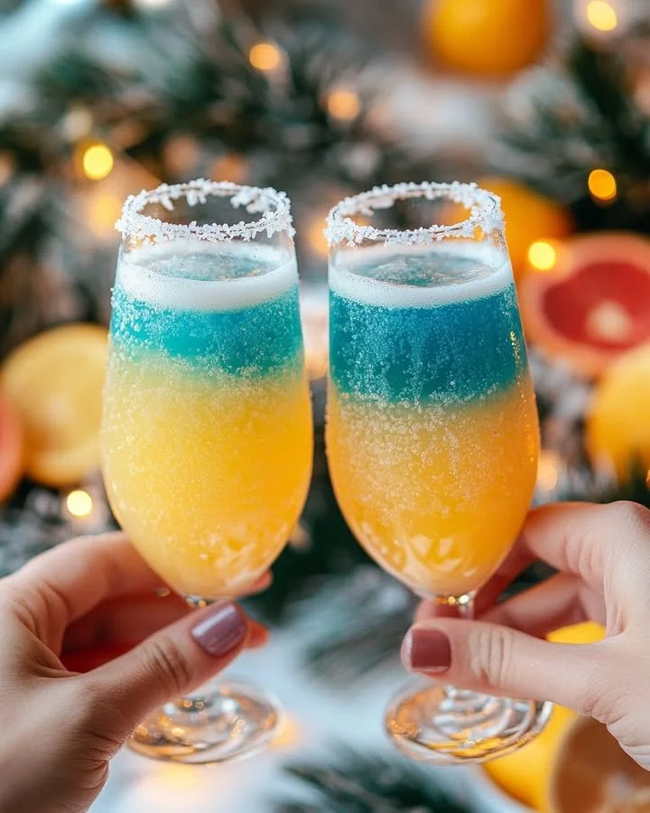 Refreshing Jack Frost Mimosa cocktail with tropical ingredients for a festive drink.