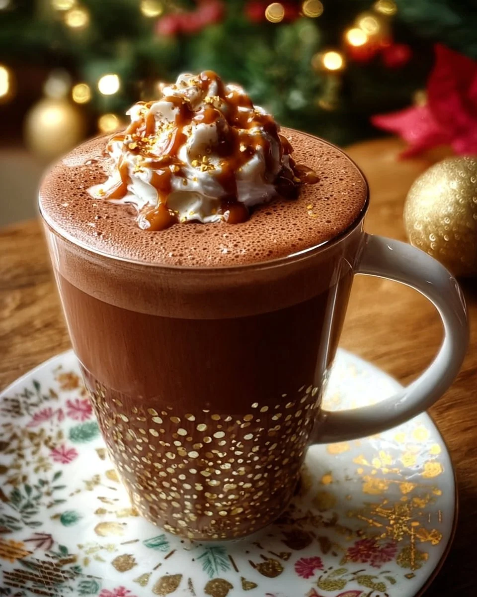 Jingle Bell Christmas Cocoa topped with whipped cream and festive sprinkles.