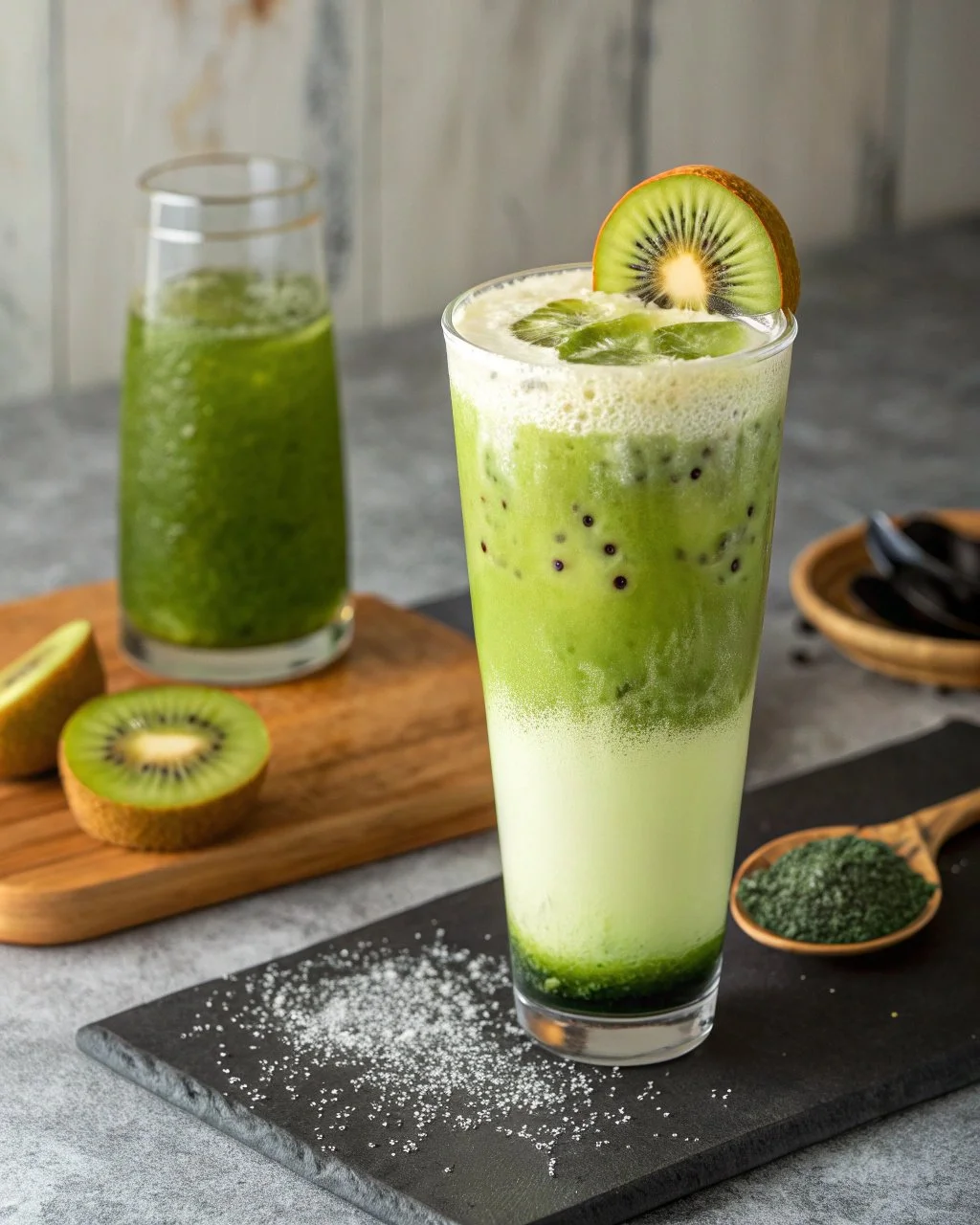 A refreshing kiwi matcha fizz drink showcasing vibrant colors and natural ingredients.