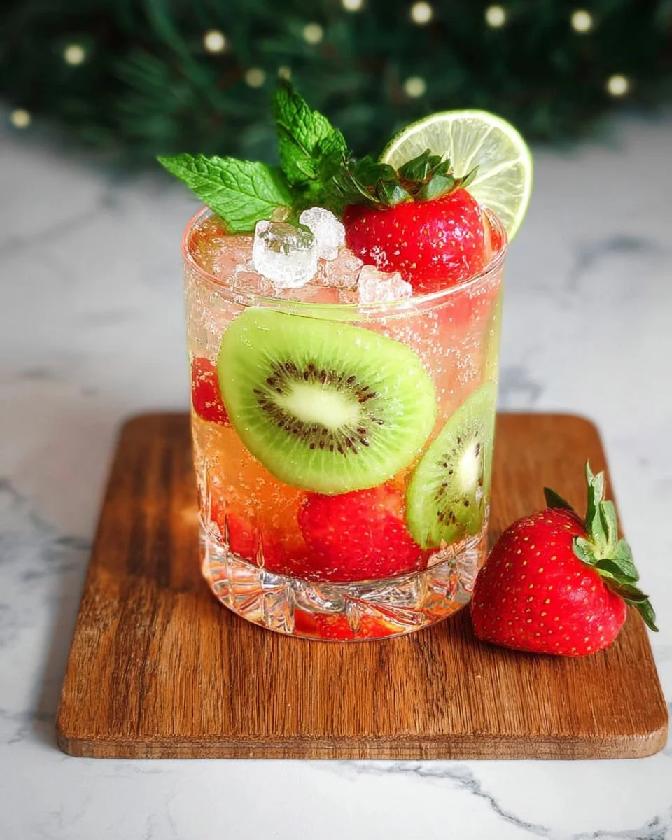 Refreshing Kiwi Strawberry Spritz beverage in a glass with fresh fruit garnish.