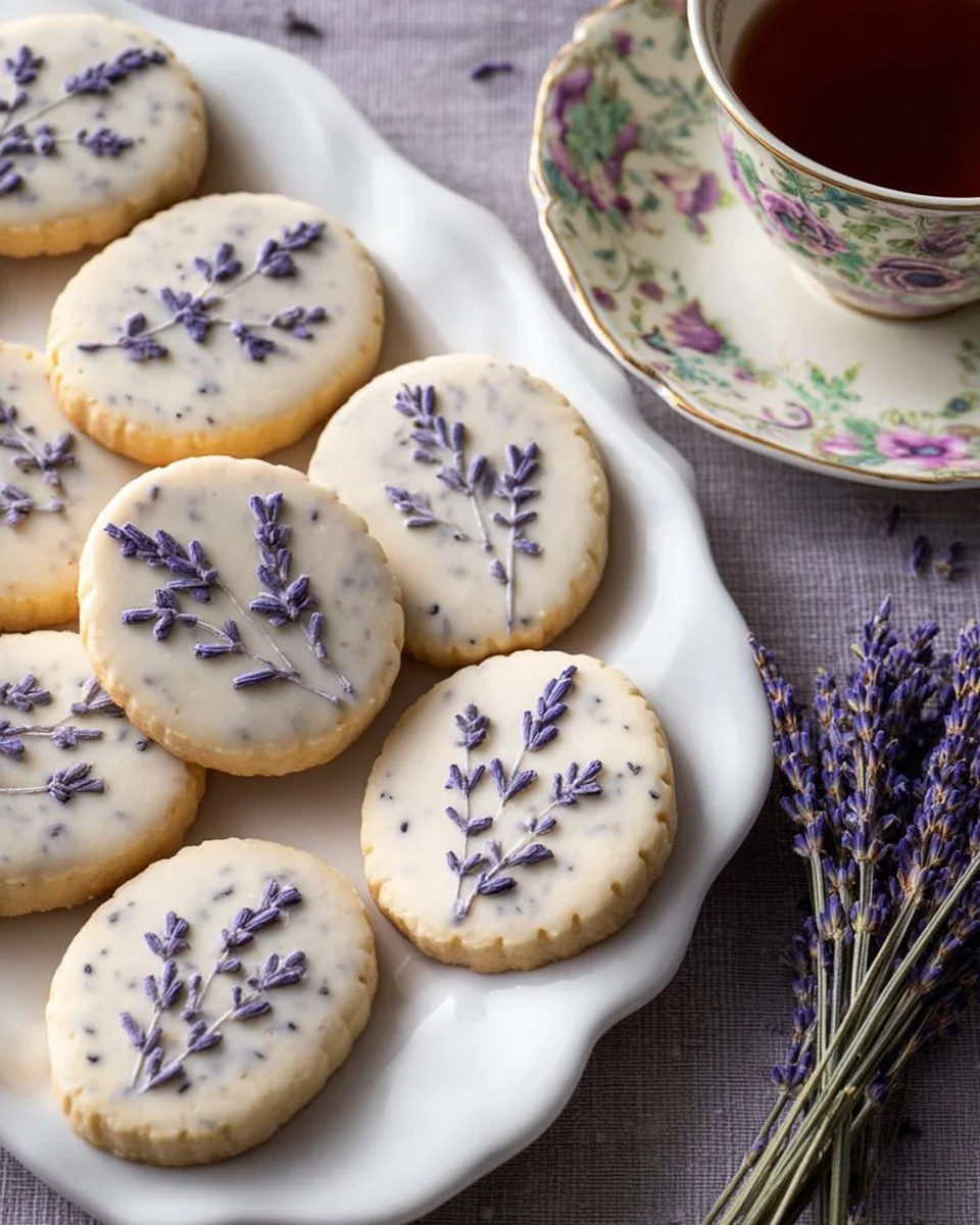 Lavender Earl Grey Sugar Cookies on a plate, beautifully decorated with lavender