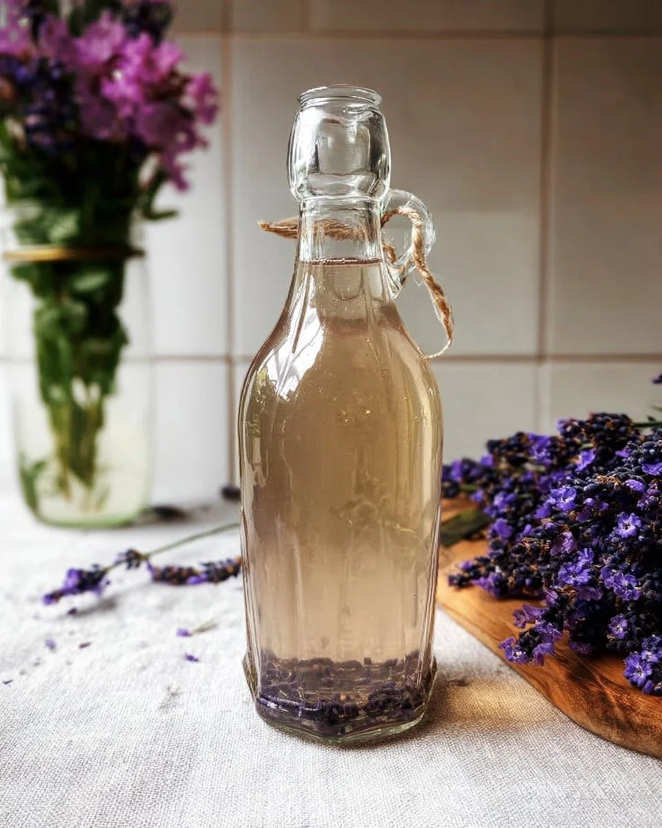 Homemade lavender simple syrup in a glass bottle with lavender sprigs