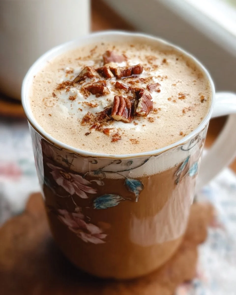 Delicious Maple Pecan Cream Latte topped with whipped cream and pecans