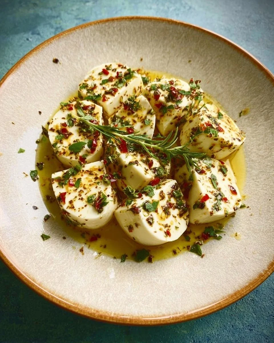 Delicious marinated mozzarella with herbs and spices in a serving dish