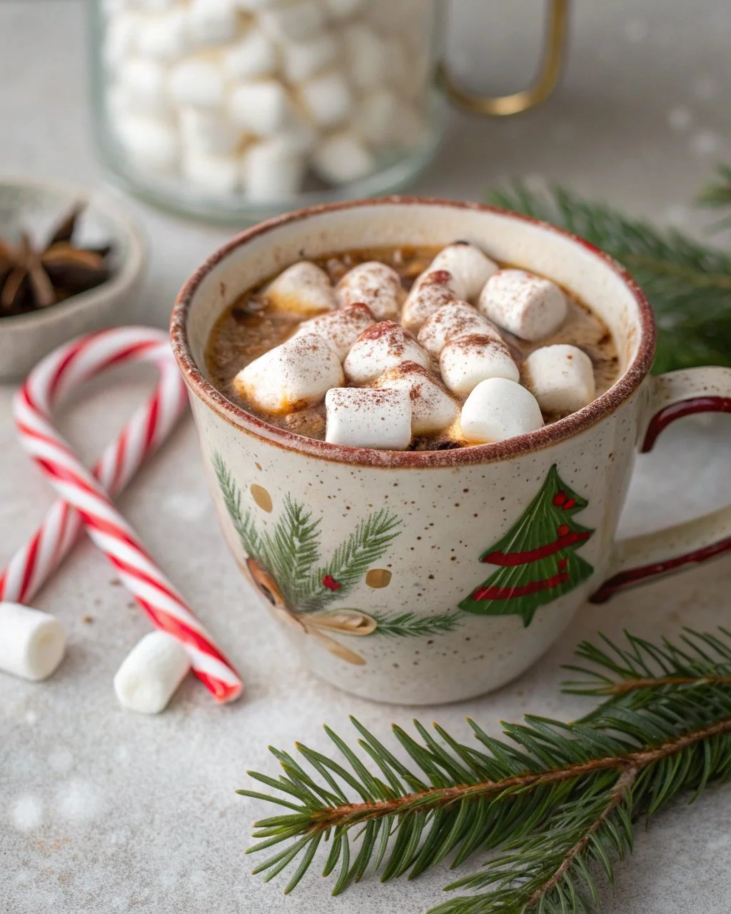 Delicious Marshmallow Pine Hot Chocolate topped with fluffy marshmallows