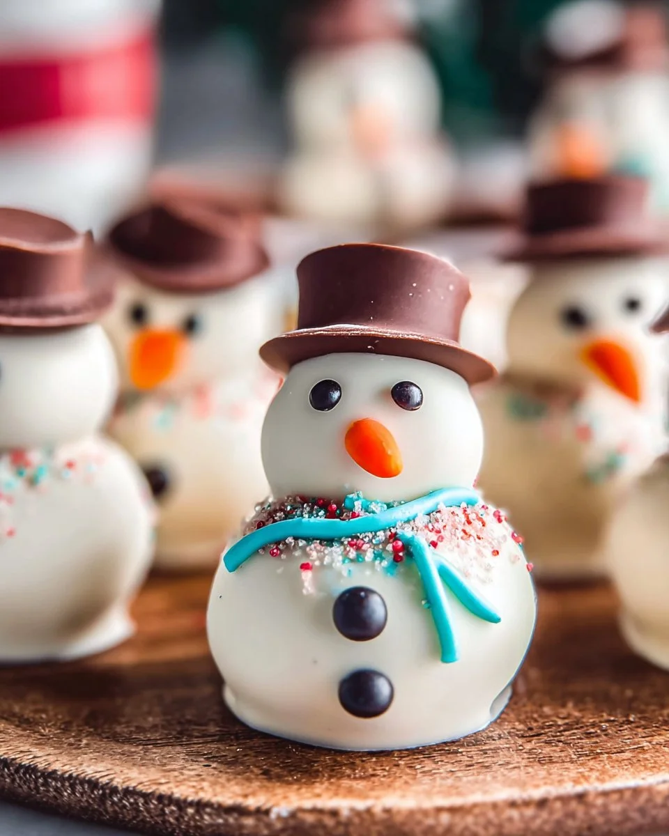 Melting snowman Oreo balls decorated with chocolate and frosting for the holidays