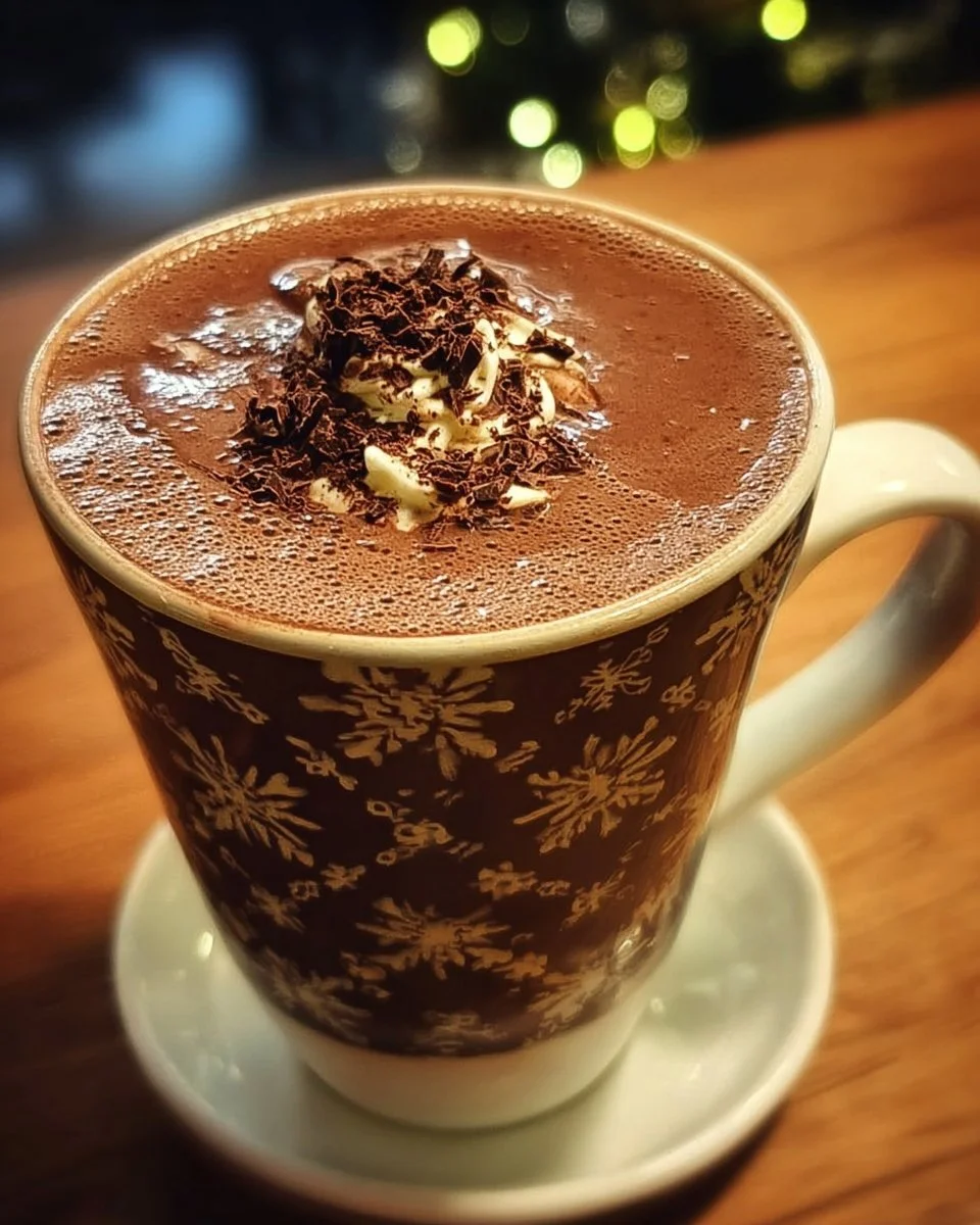 Warm Midnight Christmas Cocoa in a festive mug with marshmallows and cinnamon