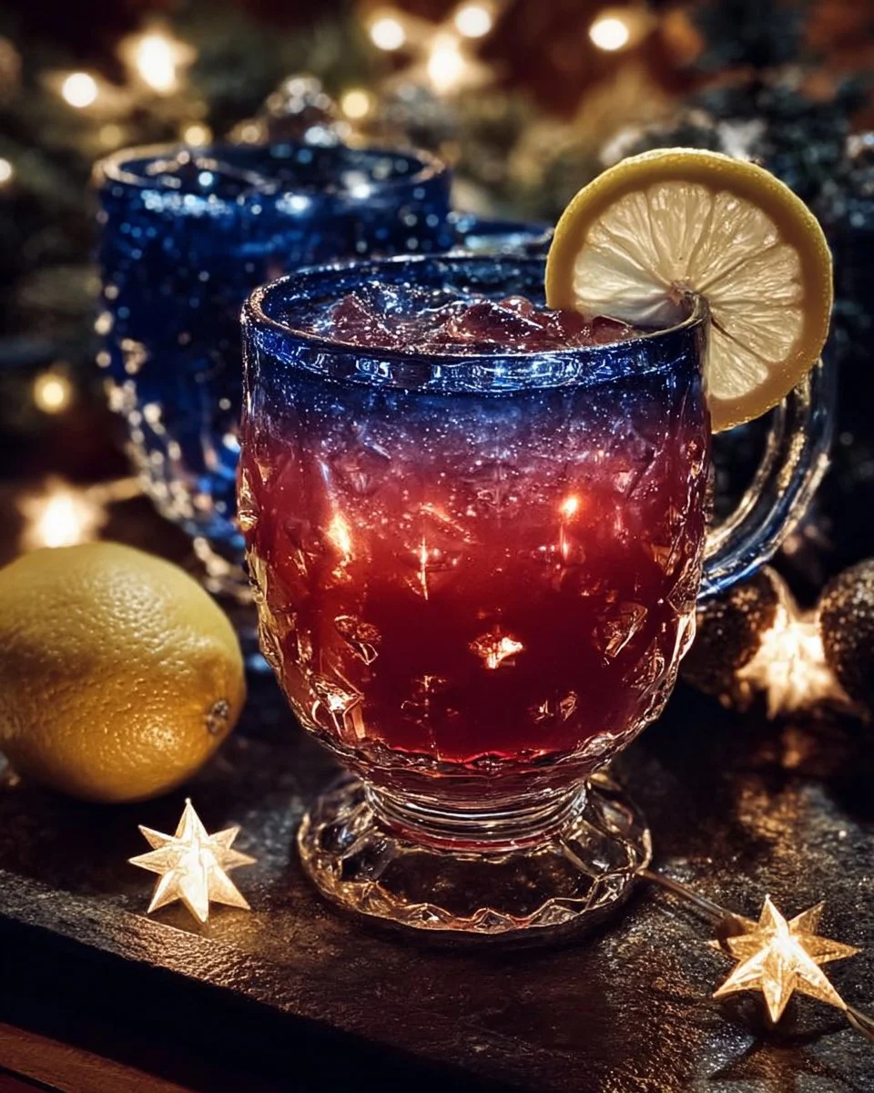 Midnight Star Glow Christmas Punch in a festive glass with glowing star decorations