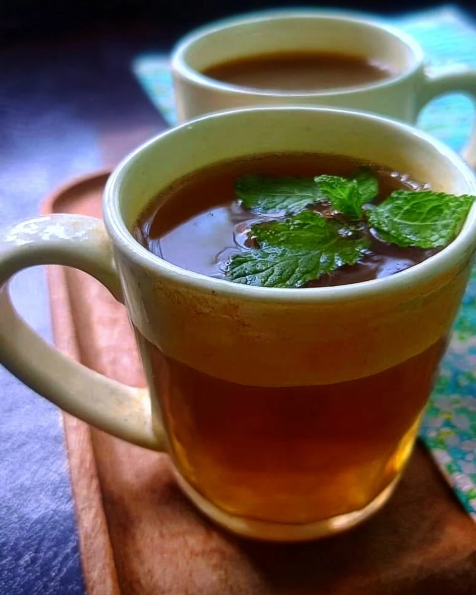 A cup of refreshing mint tea with fresh mint leaves and a teapot.