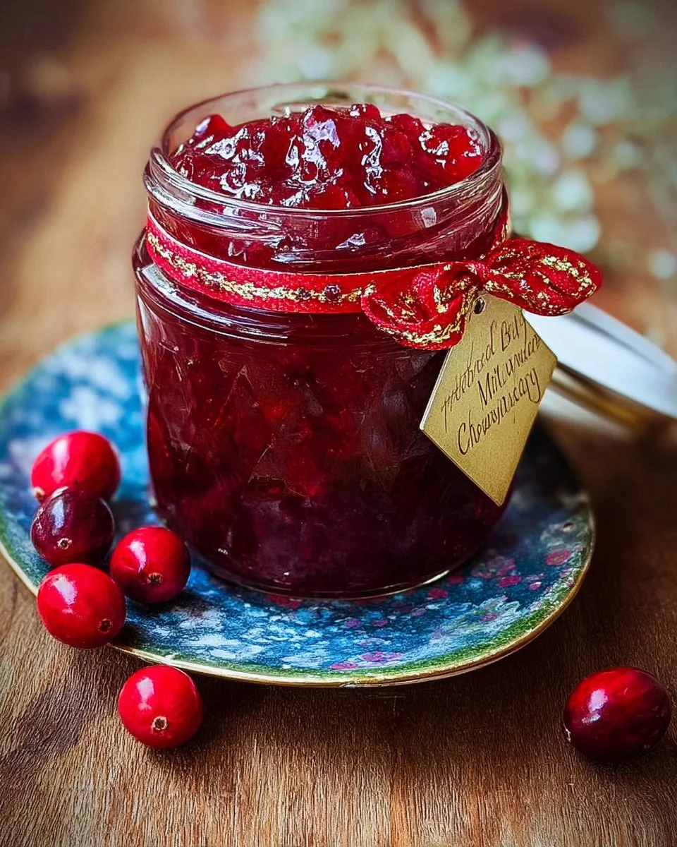 Delicious Mulled Cranberry Chutney in a jar, perfect for festive occasions