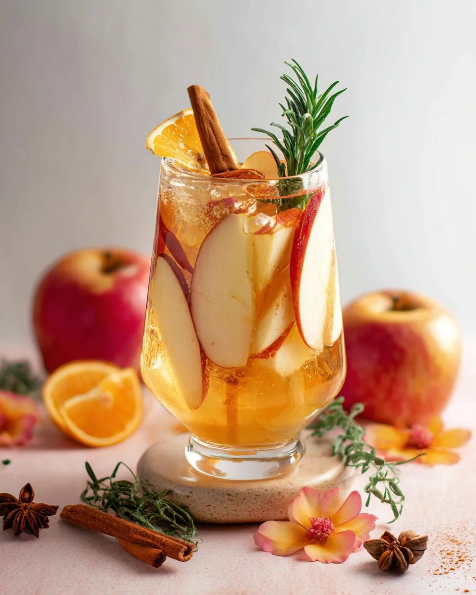 Non Alcoholic Apple Cider Sangria in a festive glass with fruit slices