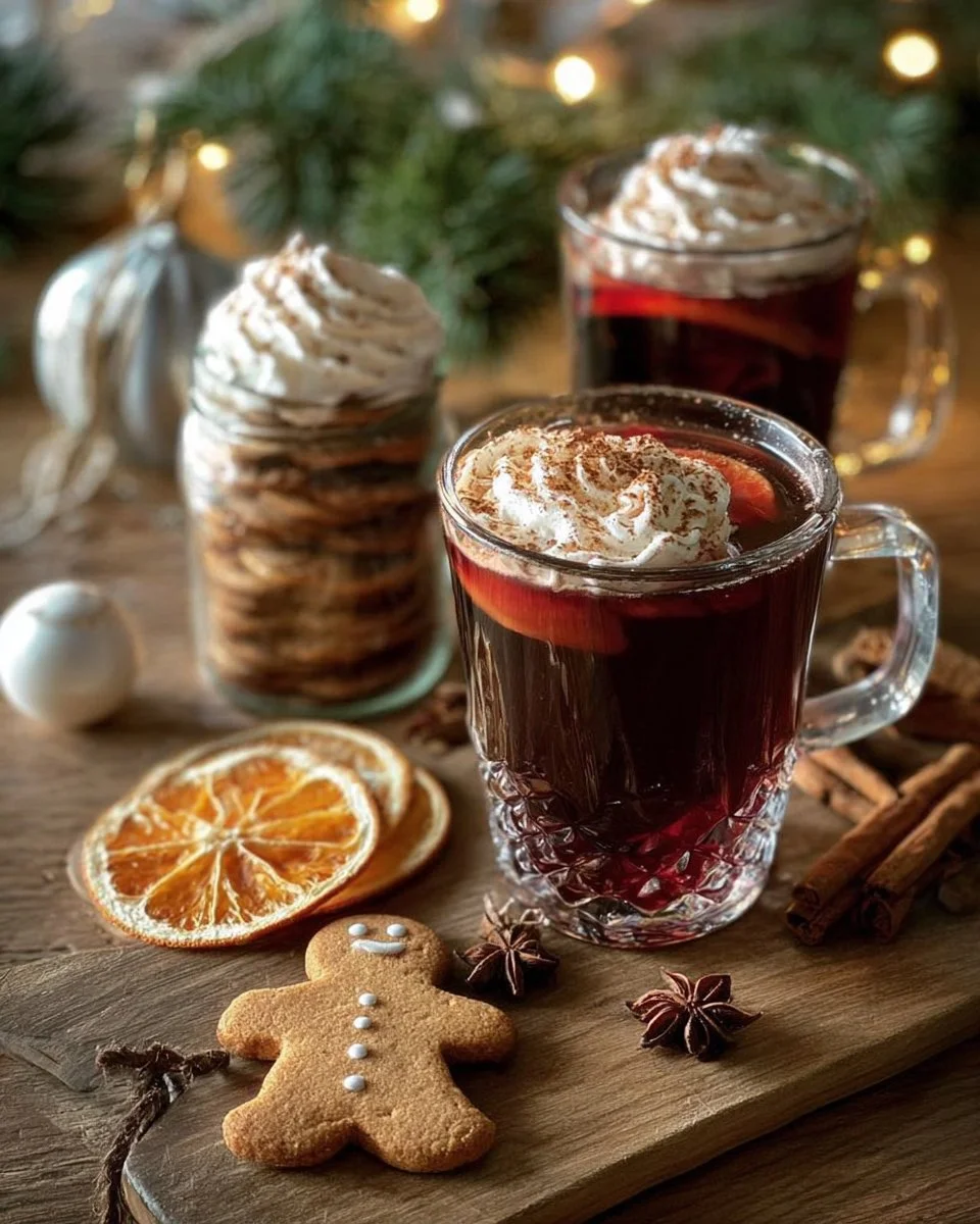A cozy cup of non-alcoholic mulled wine with spices and fruit garnishes