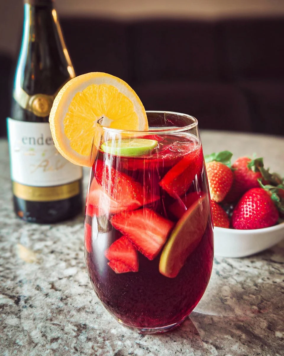 Refreshing Non-Alcoholic Sangria in a glass with fresh fruits.