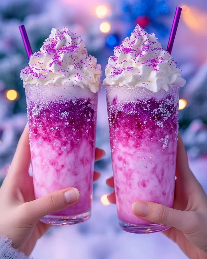 Delicious North Pole Frostberry Frappe topped with whipped cream and frosty berries