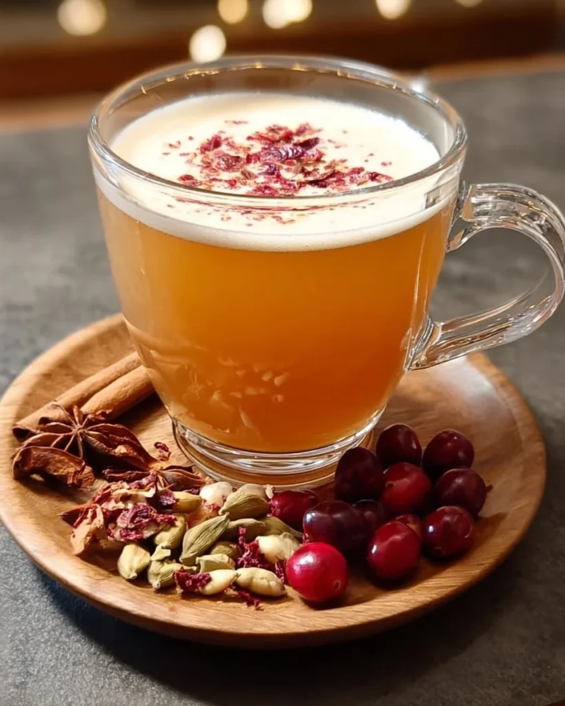 Nutmeg Cranberry White Tea with cranberries and nutmeg in a ceramic cup