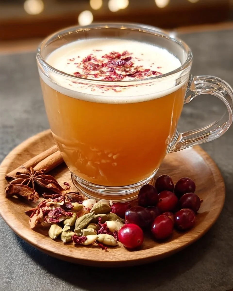 Nutmeg Cranberry White Tea with cranberries and nutmeg in a ceramic cup