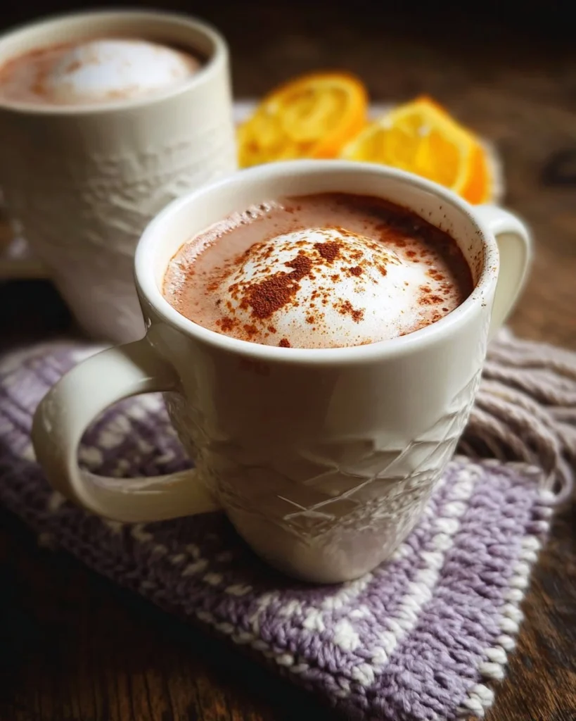 A mug of orange and cinnamon hot chocolate topped with whipped cream and a cinnamon stick