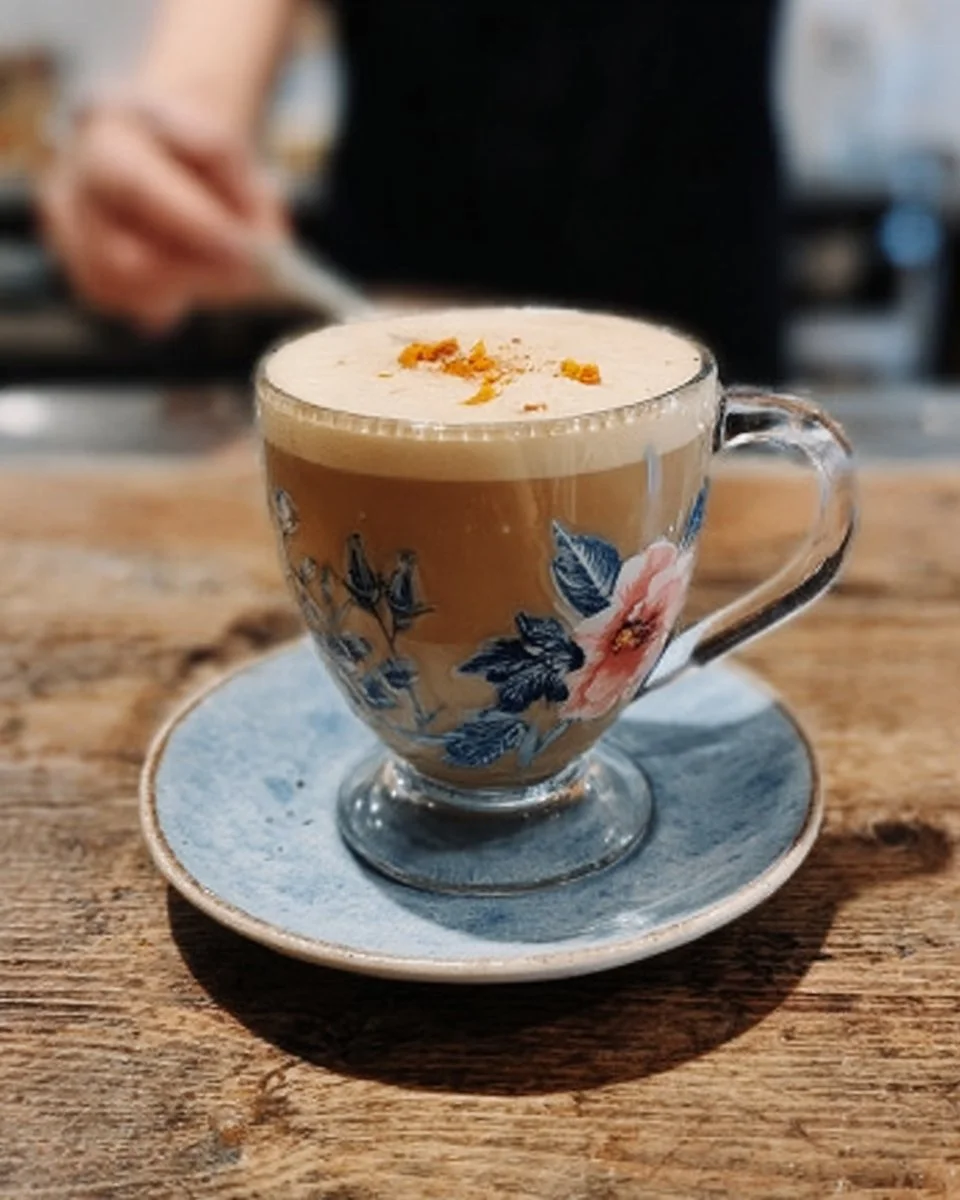 Delicious Orange Blossom Latte topped with foam and orange zest in a coffee cup