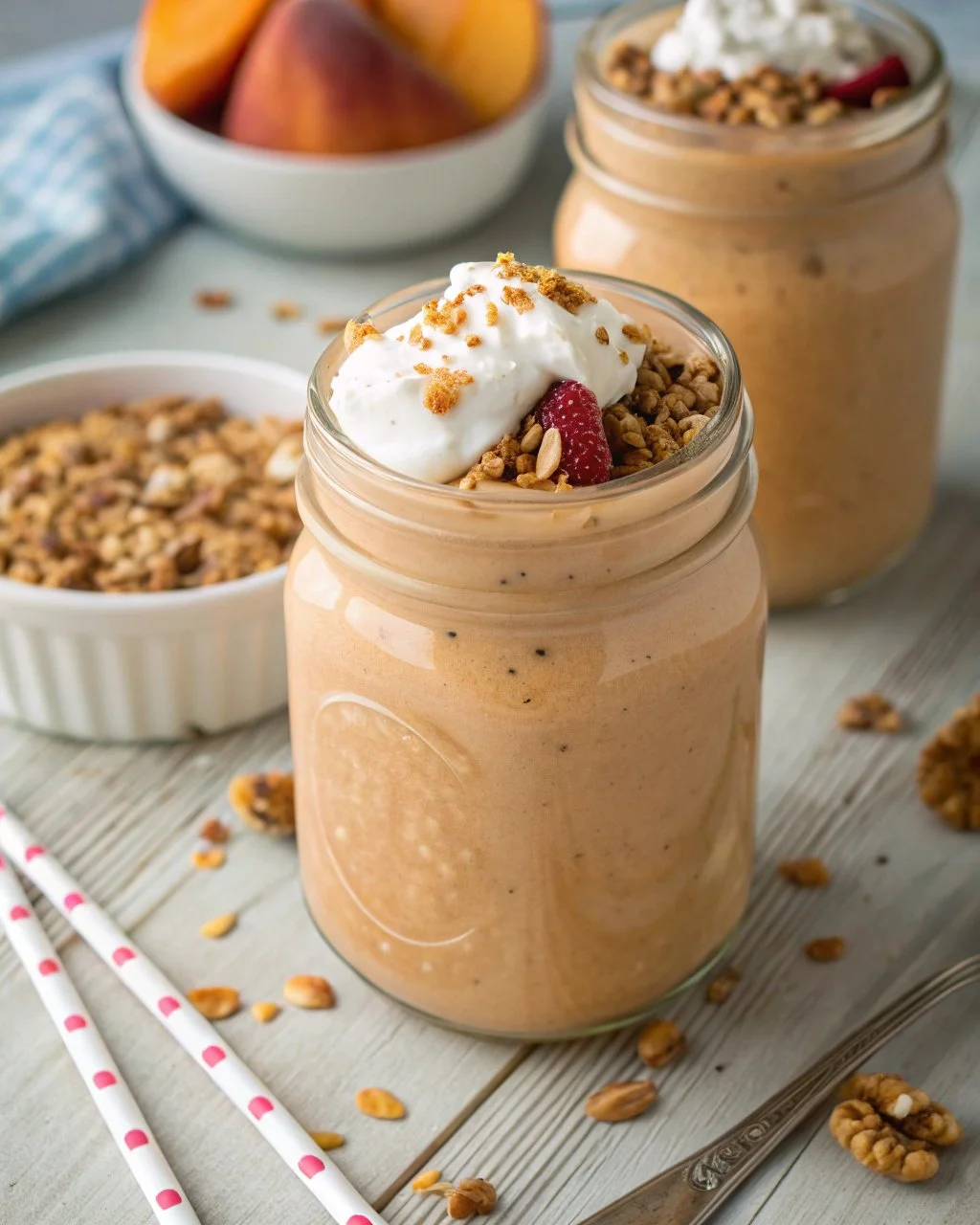 Peach cobbler smoothie topped with fresh peach slices and granola